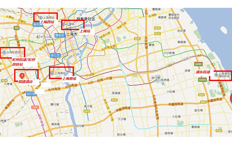 上海虹桥机场(虹桥高铁站)10公里/18分钟; 浦东机场49公里/60分钟